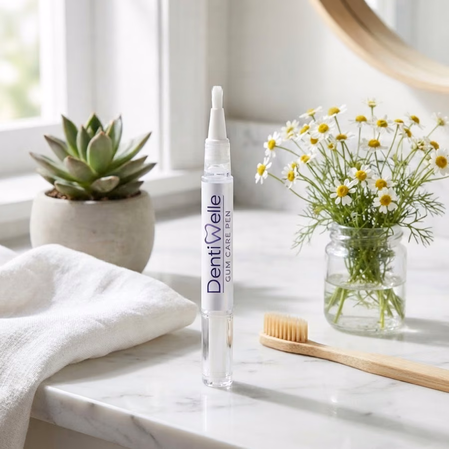 The pen standing on a veined marble countertop, a few chamomile sprigs close by
