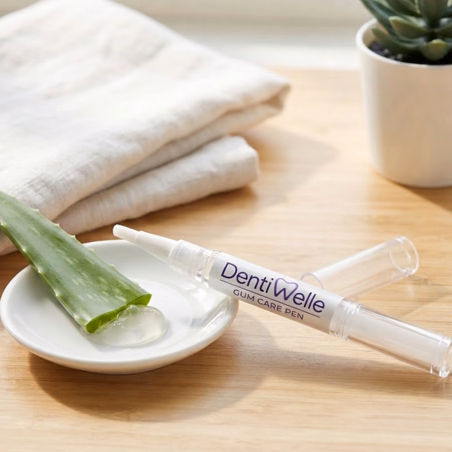 The pen laid across a folded bath towel beside a halved aloe leaf